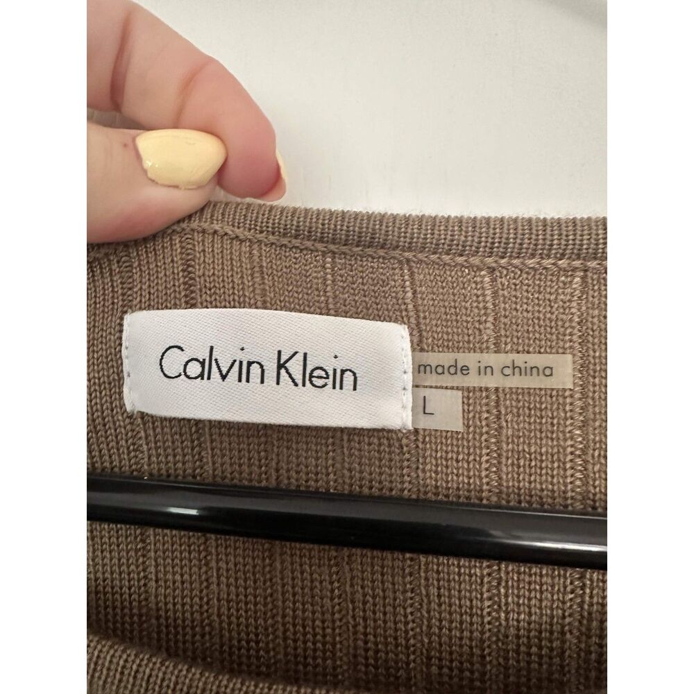 Calvin Klein Taupe Ribbed Cable Knit Fit Flare Classic Sweater Dress Pleated L - Picture 6 of 7